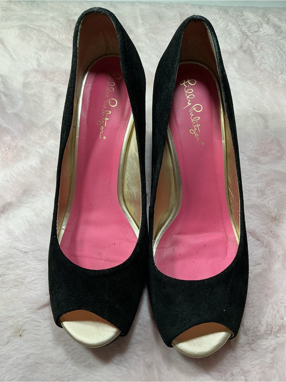 Lilly Pulitzer Black Suede Peep-Toe Pumps 160